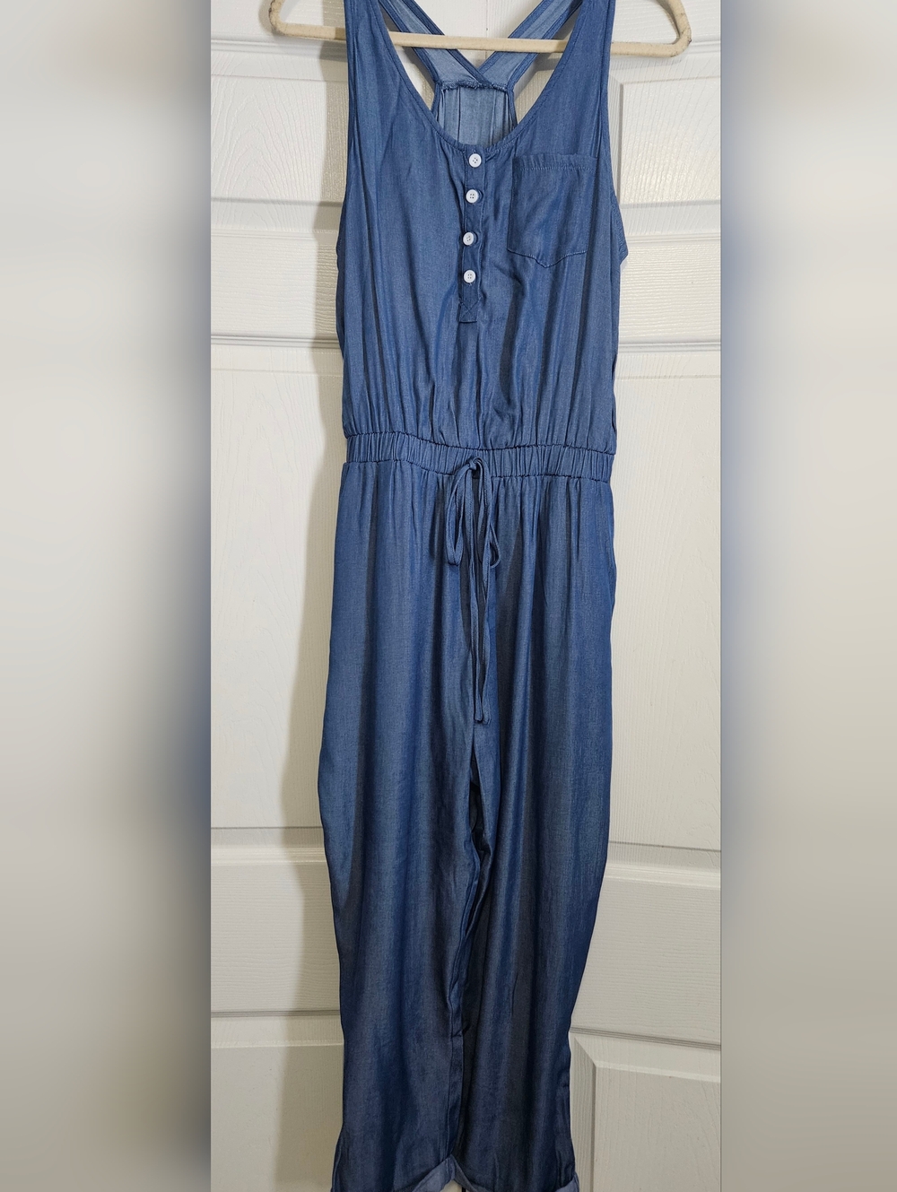 Blue Chambray Drawstring Jumpsuit